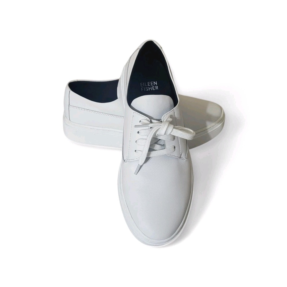 Eileen Fisher White Leather Lace Up Platform Sneakers Cushioned Womens Sz 6.5M - Picture 1 of 9